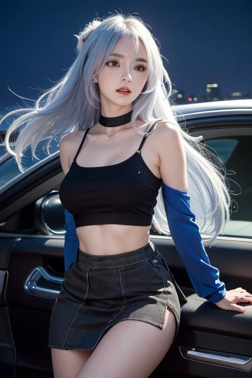 Anime Style、White skin、White Hair、Blue streaks at the end of the hair、look up、Blue streaks at the ends of hair、Blue streaks at the ends of hair、Blue streaks at the ends of hair、Big, eye-catching details、dark、Female、High Frequency (((Sharpness))) ))、((Sharp Focus: 1.2) Face_v1: 0.7) hand、Best Design High Resolution Wallpaper、Original High Resolution、Bare legs、Exposed breasts、(work) -work-傑作-傑作:1、2)。 detailed: Brownのトップと黒のスカートを着た女性、黒とBrown、Brownの服、黒とBrown、Bold Cropped T-Shirt、Removable sleeves、Simple tight clothing、Brown、Brownのシャツを着たダークブラウン、Black high waist skirt、Slender girl photos, Layering, Adult women, night, Inside the car, Car scene, makeup and lipstick, night, nightの車の背景, Green Eyes, Green iris, arm tattoo, Arms marked with tattoos, Arms covered in tattoos, Tattoos on chest、唇に濃いRed lipstick、Red lipstick、Wearing makeup
