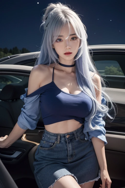 (1girl),(masterpiece), (work of art), (amazing work), (detailed eyes), (blue skin),(multicolored), (long blue hair), (sparkling eyes), (1girl),(huge Breasts),best quality, full body, expressive eyes, perfect face, black tank top, skinny jeans