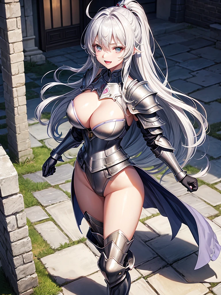 Woman knight、a beauty girl、huge tit、Excellent style、Nice Buddy、glamorous、leotard、s Armor、Shoulder rest armor、Bra chest armor、knee boots、gauntlets、hair adornments、silber hair、Longhaire、Ahoge、is standing、full body seen 、Medieval city、Walking、slightly open mouth、a smile、