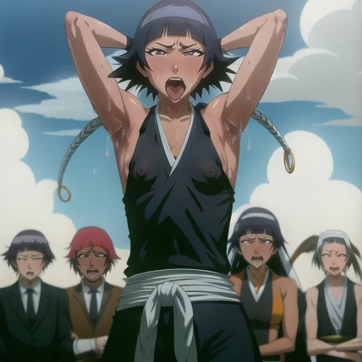 (Super delicate skin),(Ahegao), (flat chest:1.4), (The nipples can be seen through the clothes),(muscular:1.35),flirtatious, 1 female, solitary, Black flowing hair, eternal, Japanese clothing, No underwear,Small Breasts, No eyeballs, For the audience, Looking at the audience, tired, From below, (Exposed armpit:1.1), ((armpit:1.2)), Sexy pose, (sweat),(More and more sweat),(Ahegao), (Roll your eyes), Naughty face, blush, open mouth, Sticking out tongue, saliva, Slobber,Runny nose,Sloppy person,Skinny