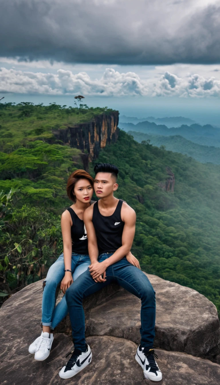 "Perfect face, masterpiece, photo of a handsome 25 year old Indonesian man with undercut hair, wearing Nike shoes, a black singlet with a picture of a tiger, long jeans, shirtless, sitting intimately next to his very beautiful wife. Sitting on the edge of a cliff very deep facing forward with a sad expression, the background is a cloudy sky, below there are grasslands and dense forests, several eagles flying above, very detailed and very real"