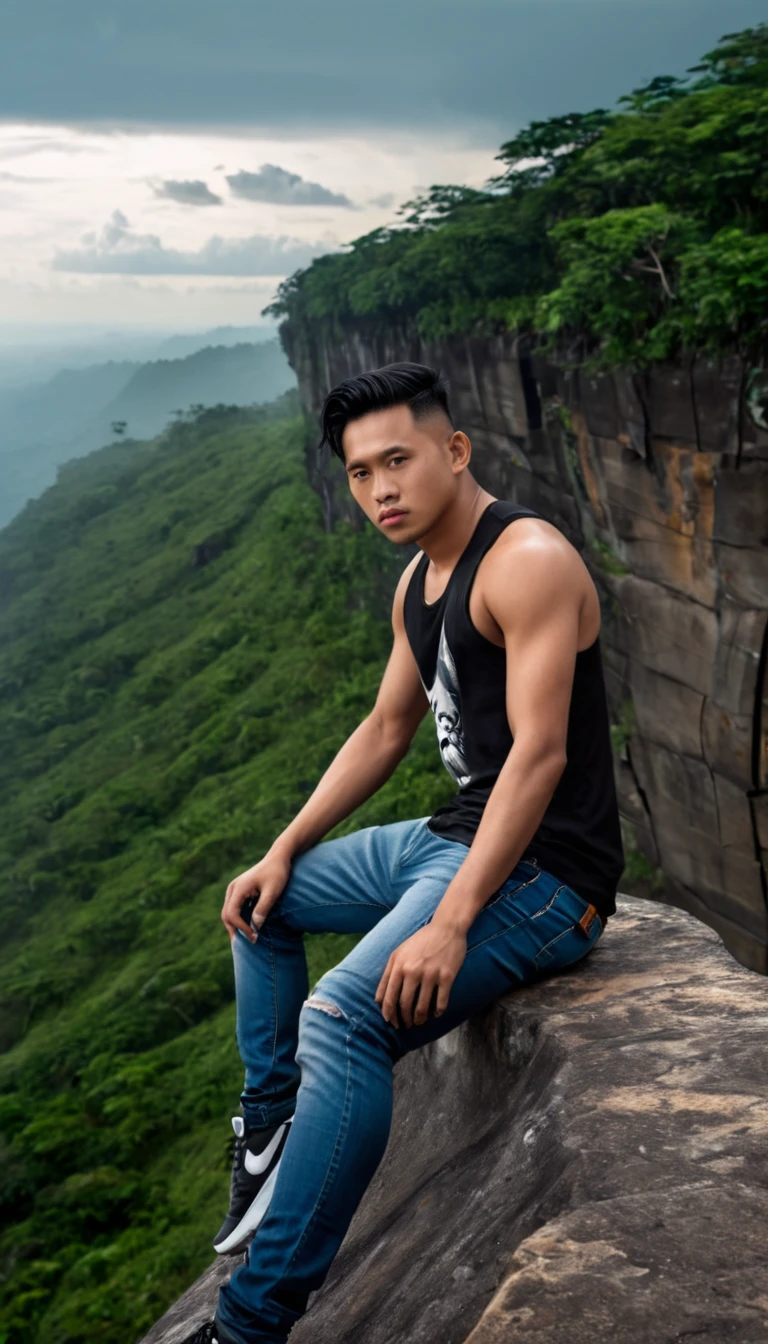 "Perfect face, masterpiece, photo of a handsome 25 year old Indonesian man with undercut hair, wearing Nike shoes, a black singlet with a picture of a tiger, long jeans, shirtless, sitting intimately next to his very beautiful wife. Sitting on the edge of a cliff very deep facing forward with a sad expression, the background is a cloudy sky, below there are grasslands and dense forests, several eagles flying above, very detailed and very real"
