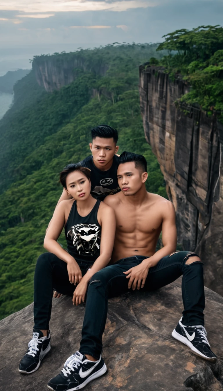 "Perfect face, masterpiece, photo of a handsome 25 year old Indonesian man with undercut hair, wearing Nike shoes, a black singlet with a picture of a tiger, long jeans, shirtless, sitting intimately next to his very beautiful wife. Sitting on the edge of a cliff very deep facing forward with a sad expression, the background is a cloudy sky, below there are grasslands and dense forests, several eagles flying above, very detailed and very real"