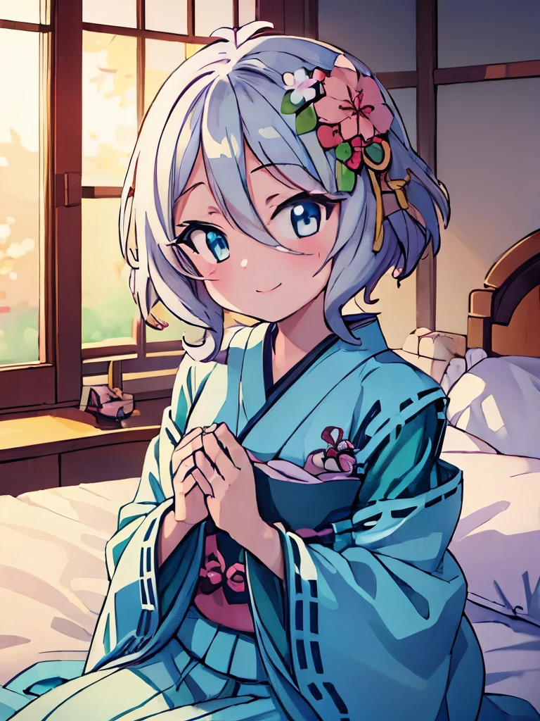 ((masterpiece)), ((best quality)), (ultra-detailed), anime style, on the bed, a cute girl, 1girl, solo, kimono, japanese cloth, ((beautiful eyes)), smile,