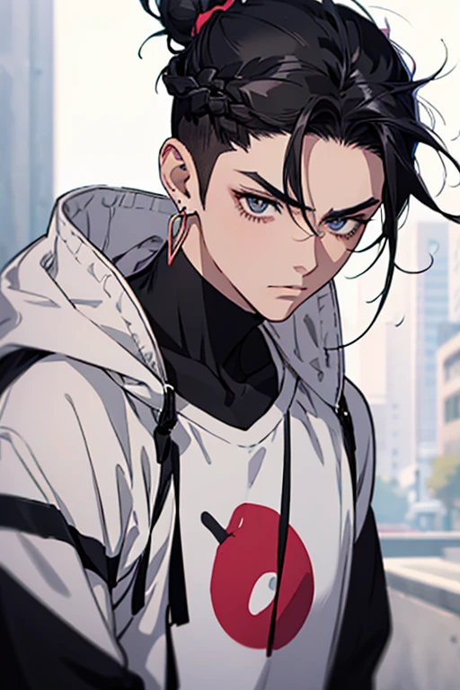 man gradient anime young black hair with low bun shaved sides turns hair to the left side in the middle serious face with black earrings sweatshirt