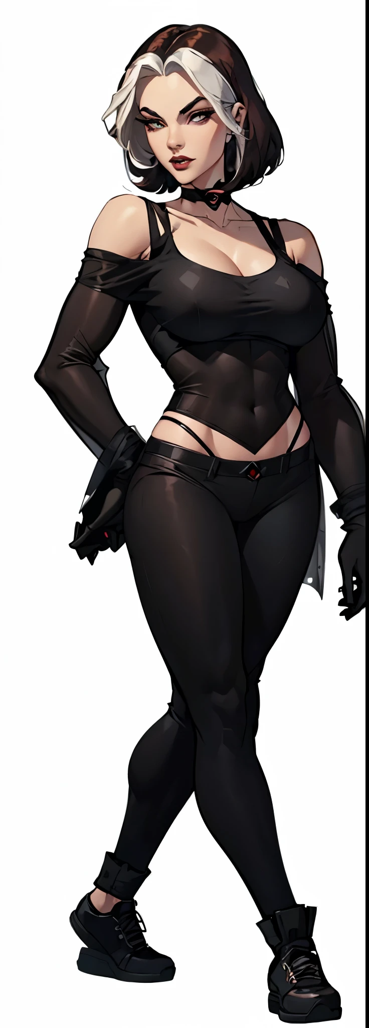 Vampira X-Men Evolution, extremamente realista, cabelo ruivo, com franjas brancas, muito linda, bunda grande, pernas grossas, usando blusa verde transparente, luvas pretas, black pants, usando meia preta, black sneakers