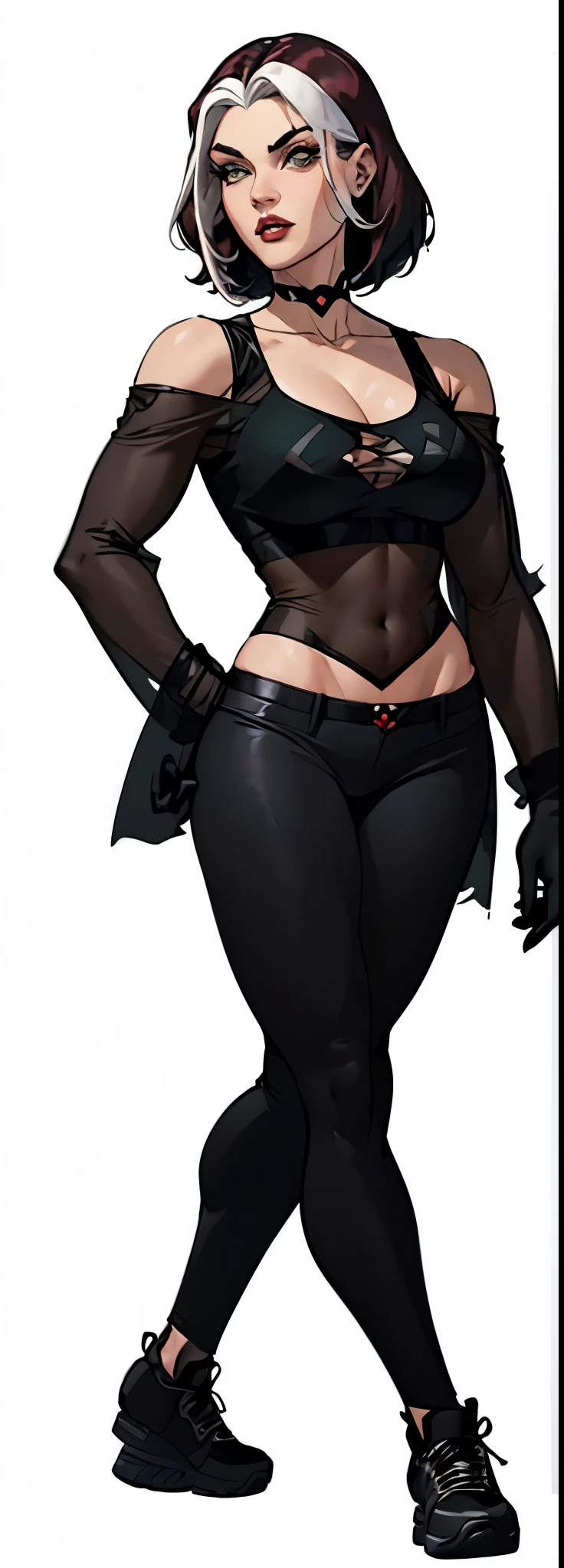 Vampira X-Men Evolution, extremamente realista, cabelo ruivo, com franjas brancas, muito linda, bunda grande, pernas grossas, usando blusa verde transparente, luvas pretas, black pants, usando meia preta, black sneakers