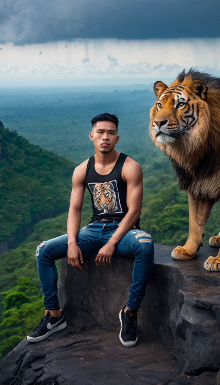 "perfect face, masterpiece, photo of a handsome 25 year old Indonesian man with undercut hair, wearing Nike shoes, a black singlet with a picture of a tiger, long jeans, shirtless, sitting next to an adult male lion sitting on the edge of a very deep cliff facing forward with a sad expression, the background is a cloudy sky, below there are grasslands and dense forests, several eagles flying above, very detailed and very real"