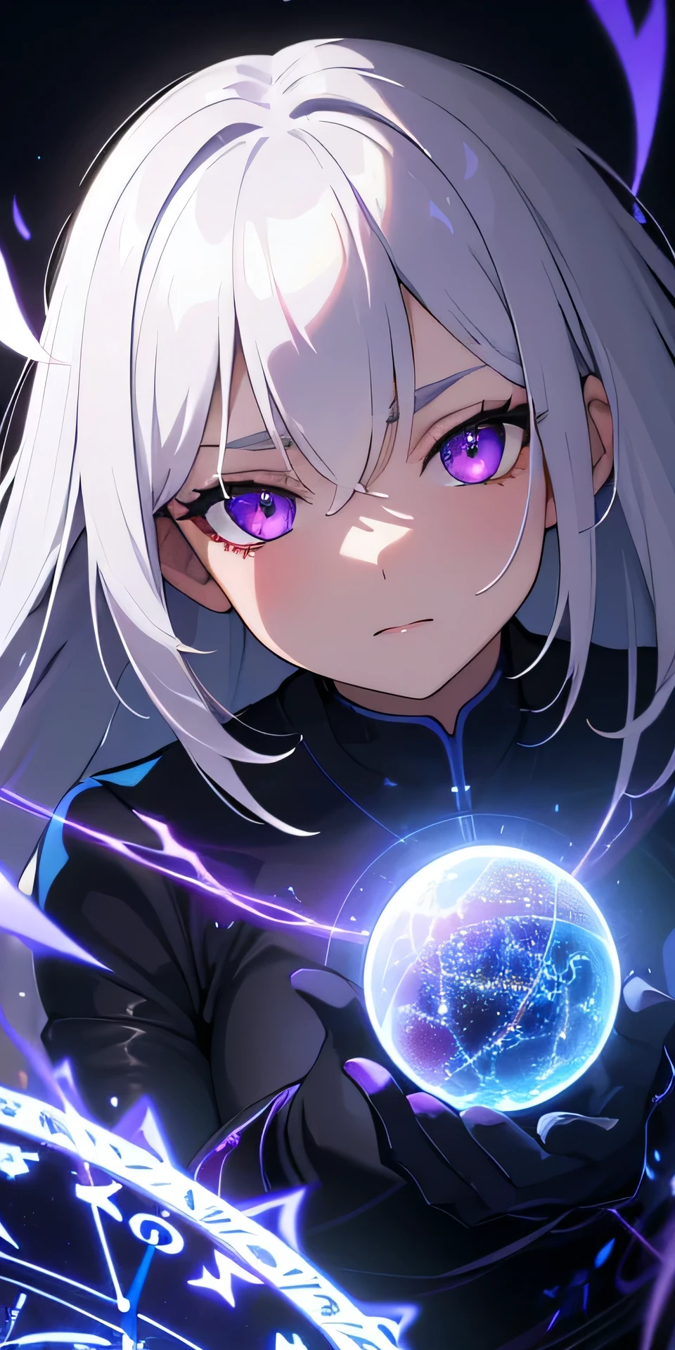 (masterpiece, best quality, ultra-detailed, best shadow), (detailed background,dark fantasy), (beautiful detailed face), high contrast, (best illumination, an extremely delicate and beautiful), ((cinematic light)), colorful, hyper detail, dramatic light, intricate details, (1girl, solo,white hair, sharp face,purple eyes, hair between eyes,dynamic angle), blood splatter, swirling black light around the character, depth of field,black light particles,(broken glass),magic circle,