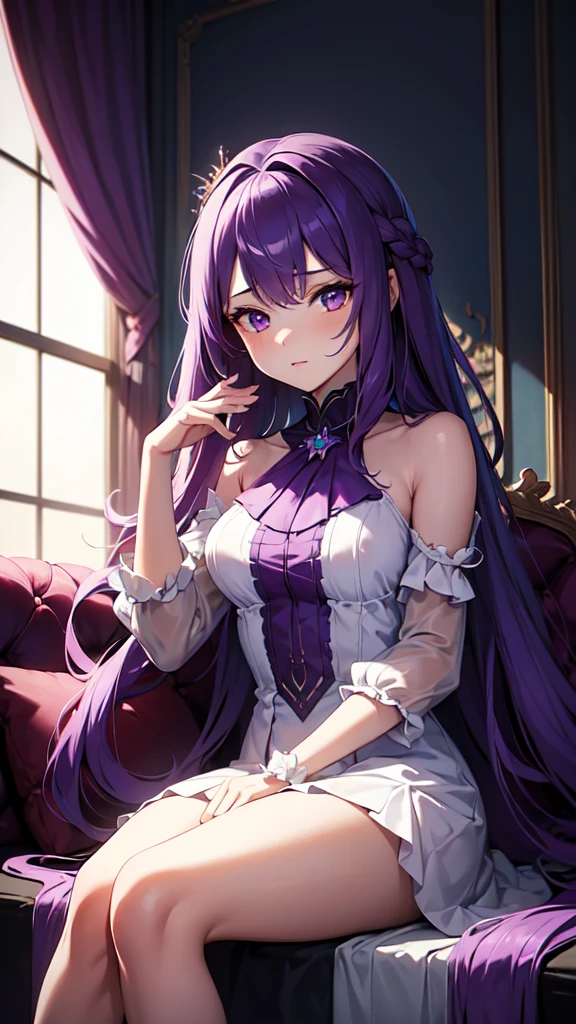 (((masterpiece))), best quality, illustration, 4K wallpaper, cinematic light, Absurdres, protrait of 1girl, long hair, purple crystal hair, glow hair, bloom hair, clothing princess, looking front, sitting down