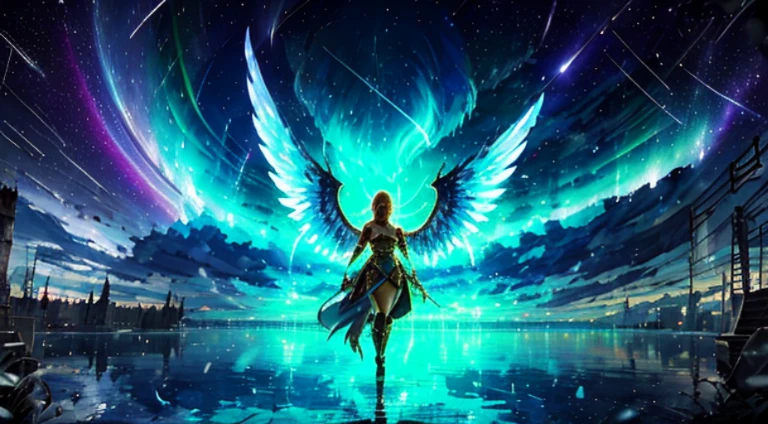 (A winged warrior who has swam through rivers of lightning),fotorrealista:1.37,Altas Resoluciones,vivid colors,Bokeh,Renderizado 3D,sharp focus,ultra detallado,Studio lighting,Guerrero,fierce expression,armadura,plumaje,Alas poderosas,lightning bolts,Aurora boreal,cielo tormentoso,superficies reflectantes,ethereal glow,mystical creature,Salpicaduras de agua,dynamic  pose,espada,Ruinas antiguas.