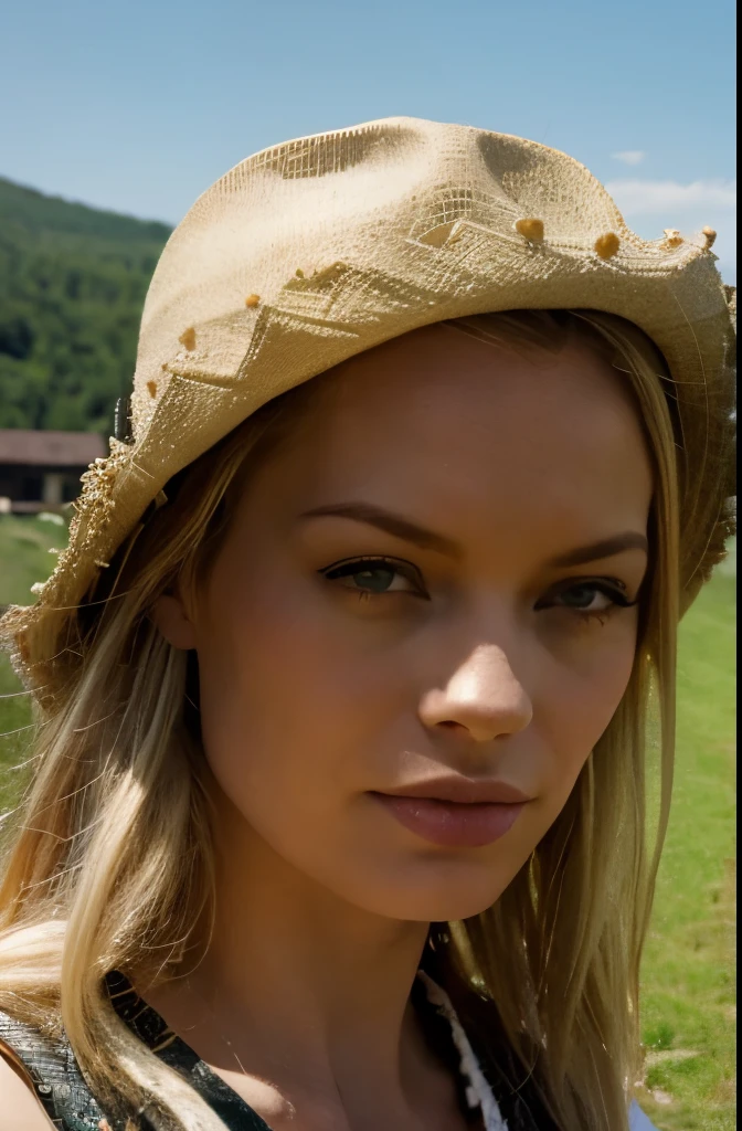 Guinwen als junge Magd, Meisterwerk, 8K, 1 girl, pretty face, Gesicht von Guinwen, realistisches Gesicht, realistische Augen, beautifully detailed eyes, realistische Haut, ultra high resolution, sehr detailliert, schlanke Figur, blondes Haar, blonde Haare, graue Augen, sichtbare Taille, Haaransatz, very large covered breasts, im Hintergrund ein mittelalterliches Bauerndorf, im Hintergrund Bauern, Bauernkleid, voll bekleidet, 18. Jahrhundert, oberkörperportrait, Felder im Hintergrund, small farmhouses, 
