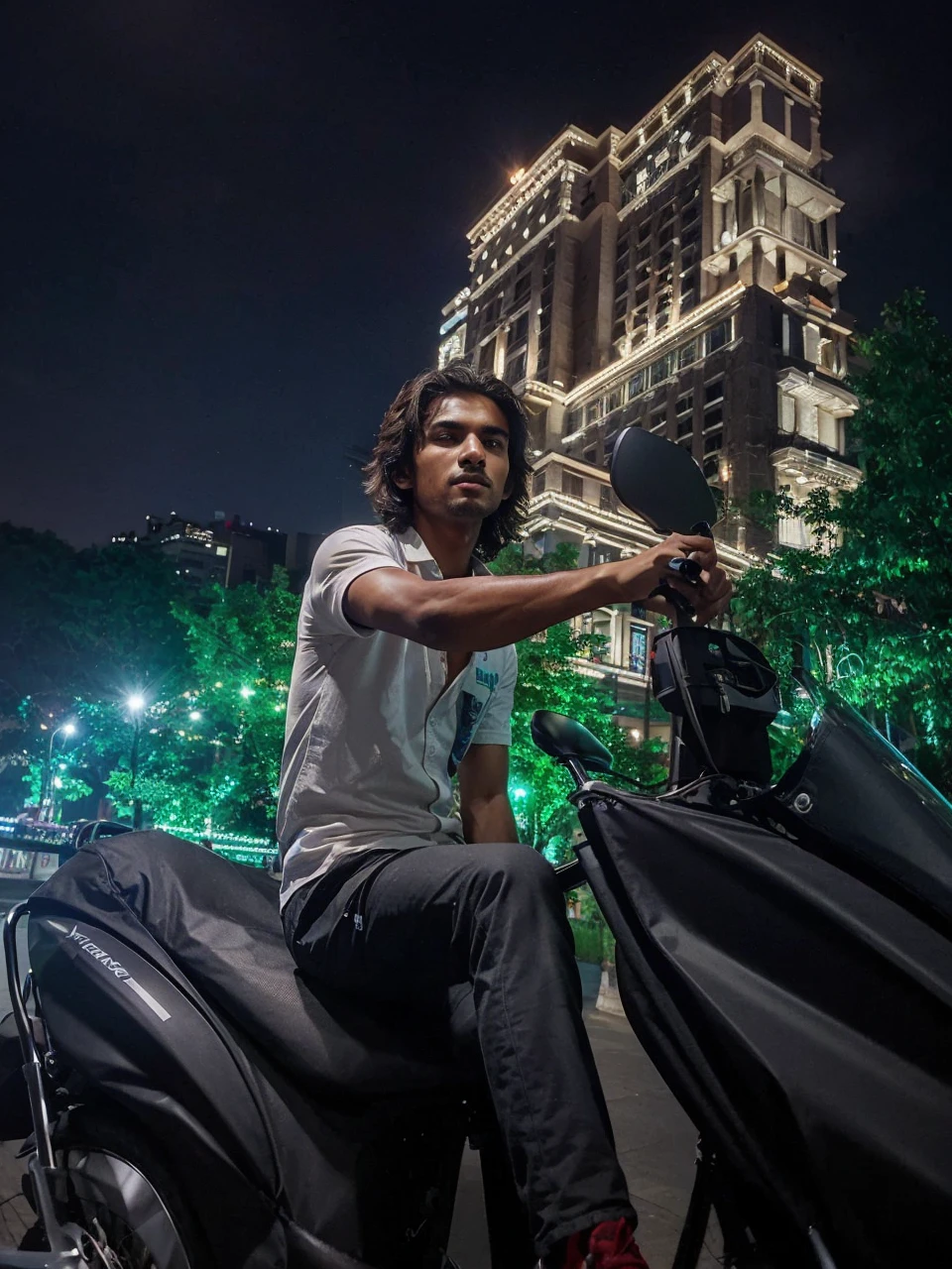 Change background like editor studio and computer's lightings, long, handsome Indian boy, sitting on a bike, realistic face, 8k, ultra realistic