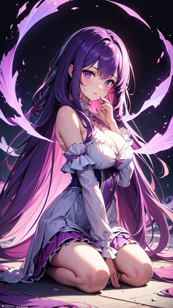 (((masterpiece))), best quality, illustration, 4K wallpaper, cinematic light, Absurdres, protrait of 1girl, long hair, purple crystal hair, glow hair, bloom hair, clothing princess, looking front, kneeling