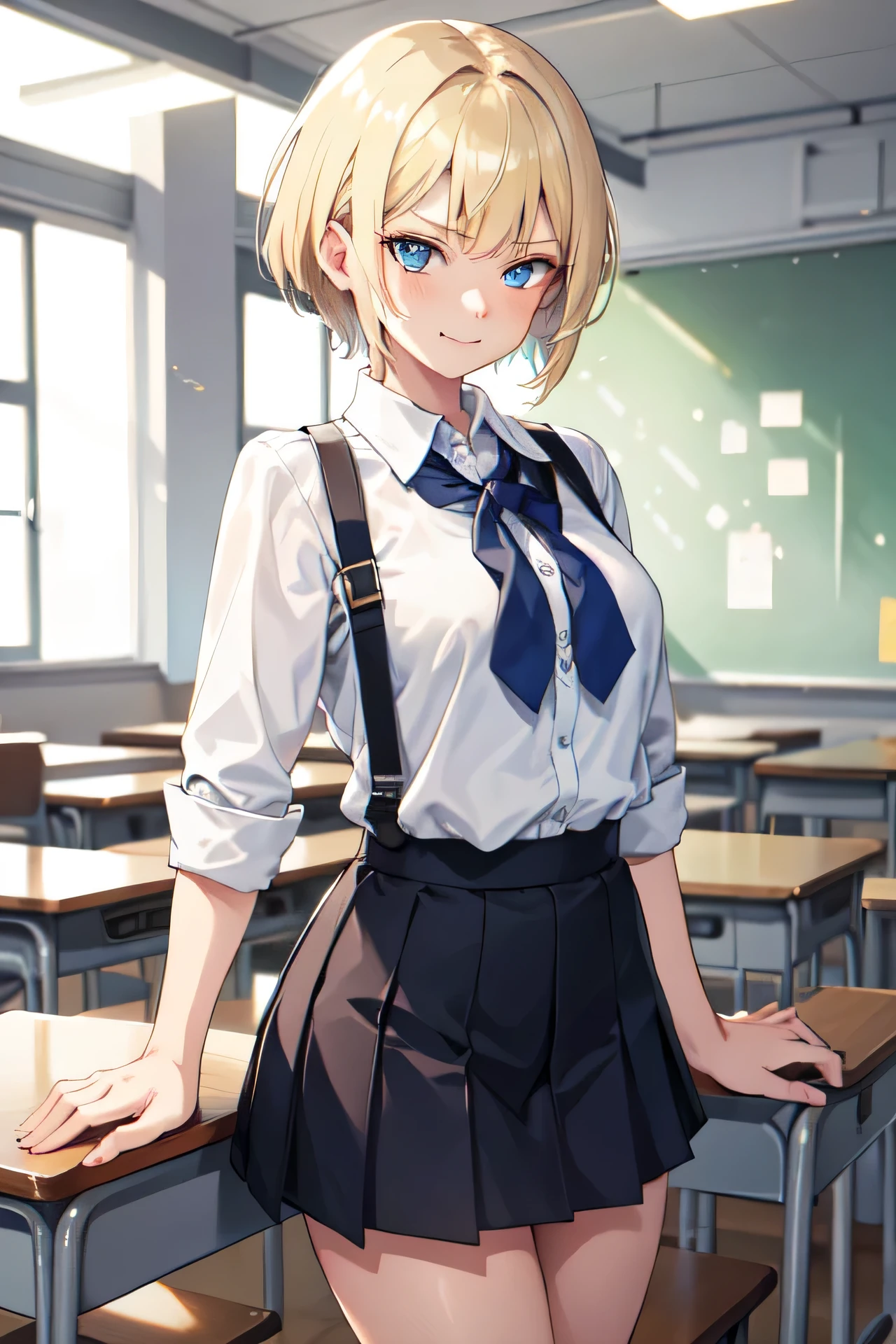 1girl,18y.o,blue eyes,blonde hair,mullet haircut,short hair,school outfit,medium tits size,classroom background,an annoyed smile