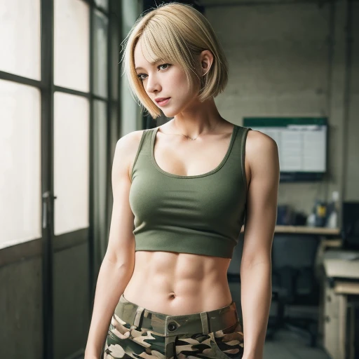 (((Safe at Work:1.5))),, ((masterpiece)), ((highest quality)), ((High resolution)),, ((Random Shot)),, One girl, alone,, Very Short Hair, (Blonde,Boyish hairstyle), ((beautiful and cute face)), Beautiful Skin, (A soldier with an attractive bodyline,((Dark green tank top,Beautiful bust line, Combat uniform pants,Camouflage combat uniform, toned abs))),, ((Carrying a high-precision assault rifle、Aim at the target),Detailed high performance rifle))),, (Combat pose with rifle((Point the muzzle at us))),, Captivate you(Strong and fleeting eyes),, Urban Background,, 8k resolution, Attention to detail, Detailed legs, Detailed hairstyle, Detailed face, Detailed skin texture,, Spectacular movie lighting,, Octane Rendering,, Vibrant, Ultra-realistic, Perfect limbs, Perfect Anatomy,