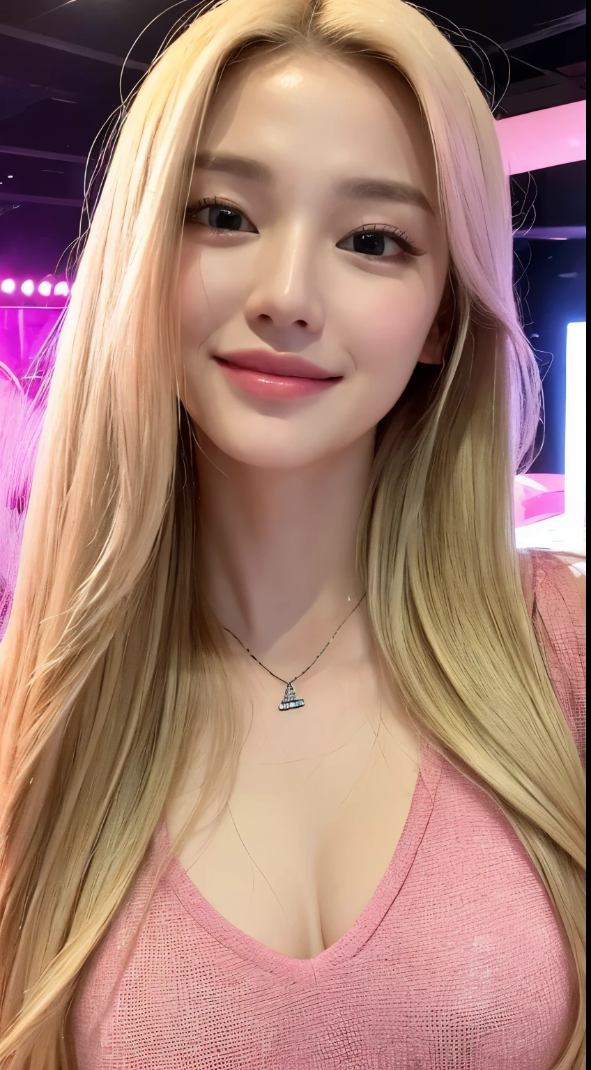 (top quality, 8k, masterpiece: 1.3), beautiful woman with perfect figure: 1.4, very small flat breasts, blonde straight tied hair, pendant, pink t-shirt, nightclub environment, highly detailed face and skin, detailed eyes, double eyelids, smile, full body