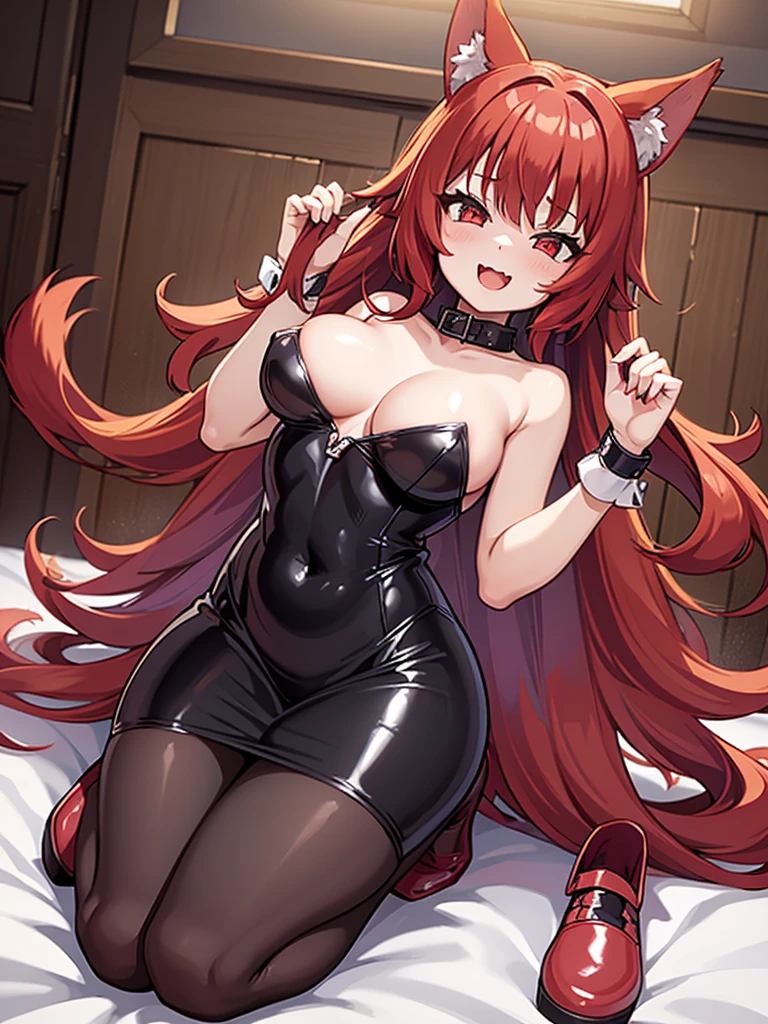 Happy woman, with wolf ears and red hair, holding her cheeks, wolf tail, wearing a latex dress, looking at veiwer, full body, you can see her chest, naked breasts