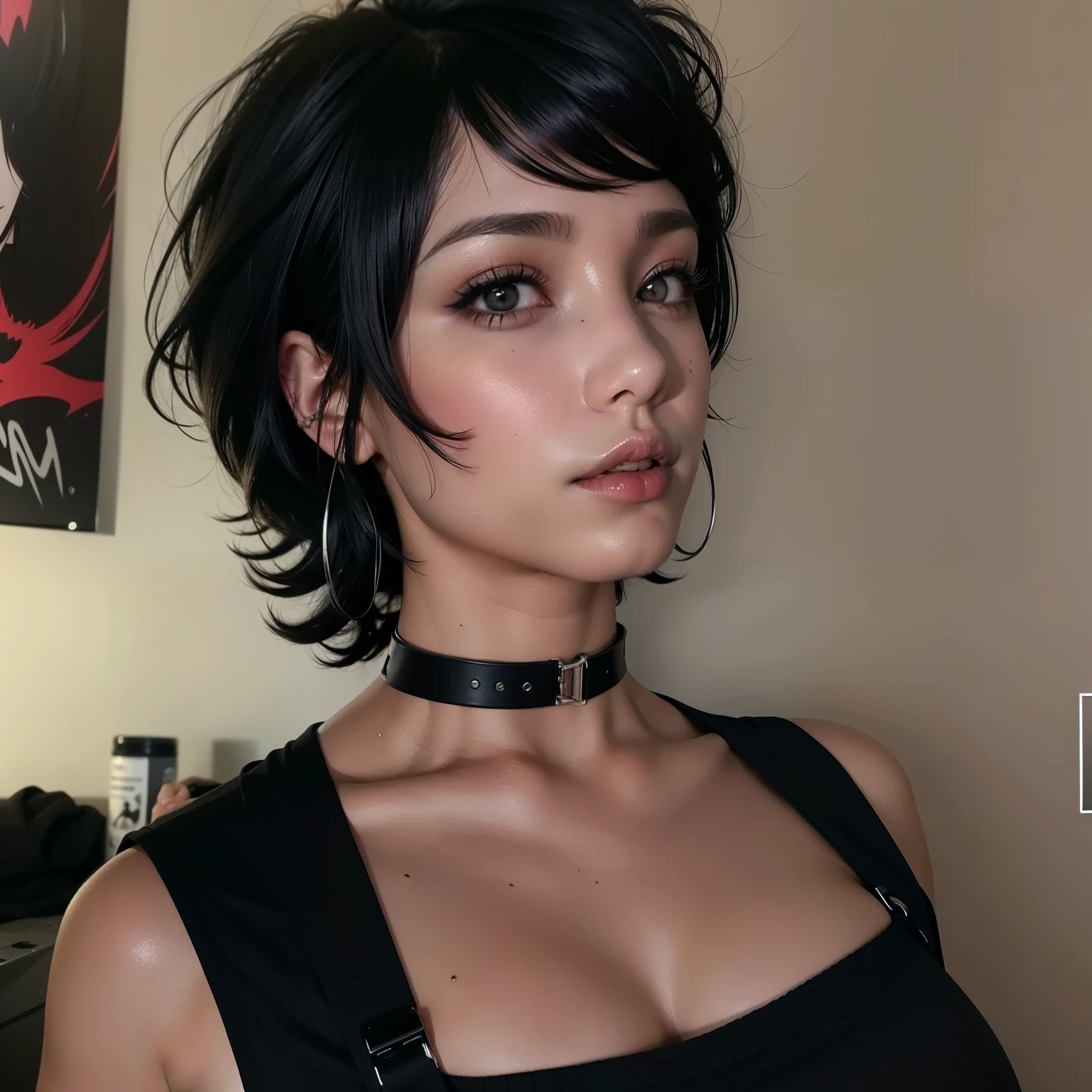 arafed woman with a black top and a black choke, black hime cut hair, 1 7 - year - old goth girl, with short hair, 1 7 - year - old anime goth girl, messy black bob hair, anime vibes, wearing black choker, short dark hair, with short hair with bangs, jet black haired cyberpunk girl, goth girl aesthetic