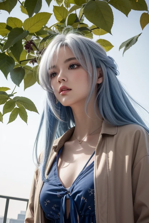 Anime Style、White skin、White Hair、Blue streaks at the ends of hair、Looking up、Blue streaks at the ends of hair、Blue streaks at the ends of hair、Large and noticeable、dark、Female、高周波detailed ((( Sharpness ))) ))、((Sharp Focus: 1.2)Face_v1: 0.7) hand、Best Design High Resolution Wallpaper、Original High Resolution、Bare legs、Showing chest、(Work - Masterpiece - Masterpiece: 1、 2)。 detailed: Close-up of dress on mannequin with jacket、Brown set、Brown jacket、Jacketed cropped shirt、長袖付きBrown jacket、classic atmosphere、Short skirt and long jacket、gray、layer、🍂cute、Short jacket、Brown tones、New brown-inspired prints for clothing、moved、detailedな、Earth Colors、Adult women、night、inside the apartment、Wearing makeup and lipstick、Red eyes、Red iris、Red eyes、Red iris