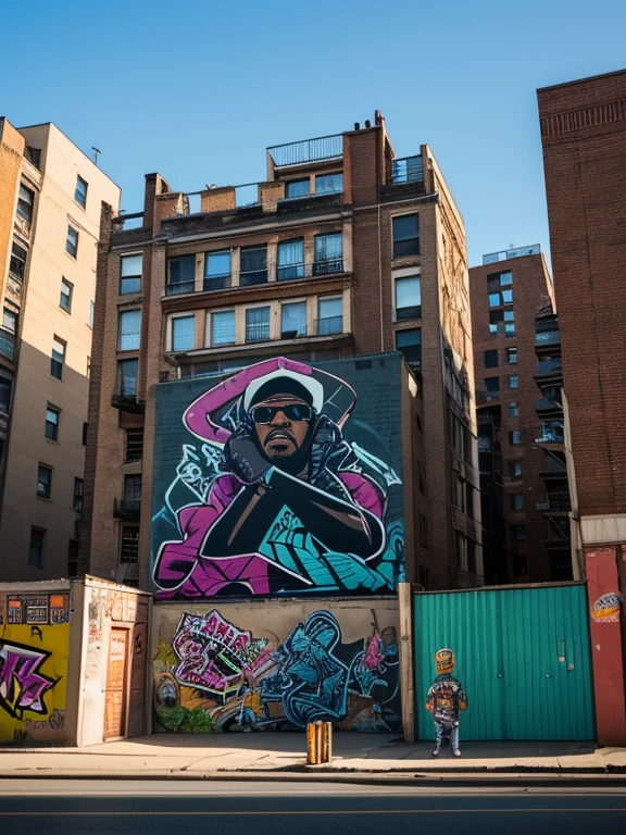 RUN DMC,south bronx hiphop, hip hop, wrap ,Graffiti art, against the backdrop of the city,(80&#39;s), (Boombox), Intricate details, Super detailed , Cinema Soft Light, Exposure Blending, Dynamic Range, front