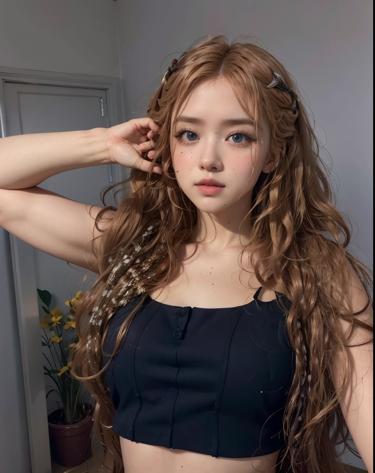 A close up of a woman with long hair wearing a black top - SeaArt AI