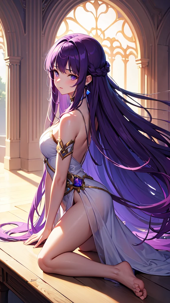 (((masterpiece))), best quality, illustration, 4K wallpaper, cinematic light, Absurdres, protrait of 1girl, long hair, purple crystal hair, glow hair, bloom hair, clothing princess, looking front, kneeling, close up 