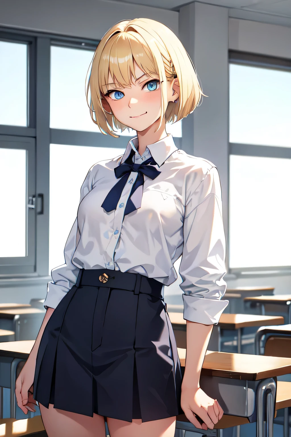1girl,18y.o,blue eyes,blonde hair,mullet haircut,short hair,school outfit,medium tits size,classroom background,an annoyed smile