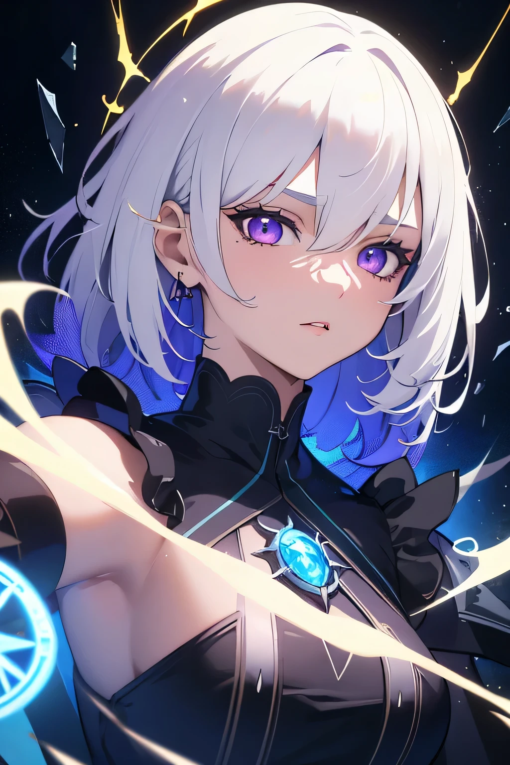 (masterpiece, best quality, ultra-detailed, best shadow), (detailed background,dark fantasy), (beautiful detailed face), high contrast, (best illumination, an extremely delicate and beautiful), ((cinematic light)), colorful, hyper detail, dramatic light, intricate details, (1girl, solo,white hair, sharp face,purple eyes, hair between eyes,dynamic angle), blood splatter, swirling black light around the character, depth of field,black light particles,(broken glass),magic circle,