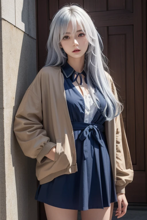 Anime Style、White skin、White Hair、Blue streaks at the ends of hair、Looking up、Blue streaks at the ends of hair、Blue streaks at the ends of hair、Large and noticeable、dark、Female、高周波detailed ((( Sharpness ))) ))、((Sharp Focus: 1.2)Face_v1: 0.7) hand、Best Design High Resolution Wallpaper、Original High Resolution、Bare legs、Showing chest、(Work - Masterpiece - Masterpiece: 1、 2)。 detailed: Close-up of dress on mannequin with jacket、Brown set、Brown jacket、Jacketed cropped shirt、長袖付きBrown jacket、classic atmosphere、Short skirt and long jacket、gray、layer、🍂cute、Short jacket、Brown tones、New brown-inspired prints for clothing、moved、detailedな、Earth Colors、Adult women、night、inside the apartment、Wearing makeup and lipstick、Red eyes、Red iris、Red eyes、Red iris