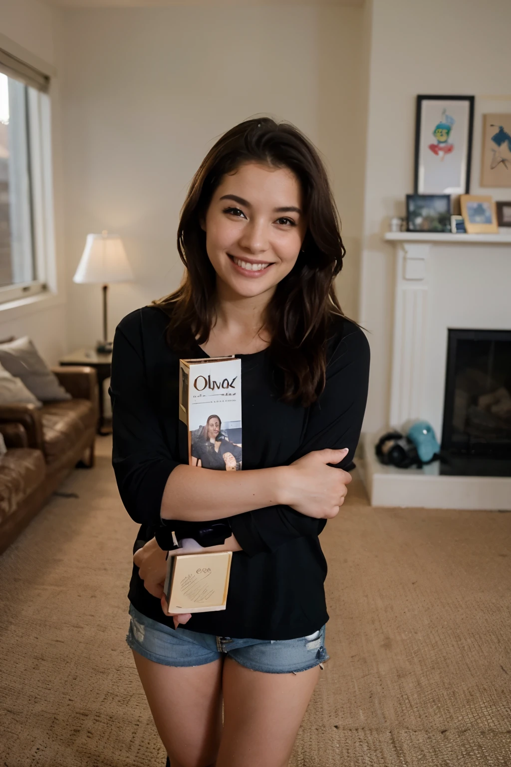 ((melhor qualidade)), ((capa de livro)), (detalhado), rosto perfeito - estilo pixar 
****** de 4 anos de idade, pele clara, dark and messy hair, com grandes olhos azuis sorrindo ao lado de sua cama, holding the magic spray, with solid black shih tuz by your side. The room is represented in the background with shelves of books and toys, iluminado por uma luz suave.