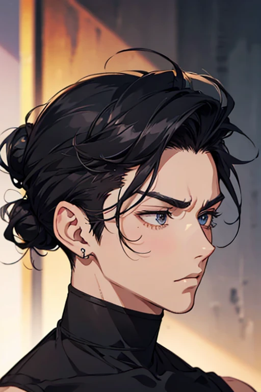 man gradient anime young black hair with low bun shaved sides turns hair to the left side in the middle serious face with black earrings sweatshirt