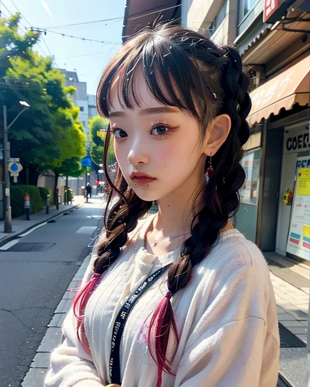 Portraiture, Bokeh , next, Braid, Colorful Hair, Tokyo, 
a woman posing on the street corner, highest quality, High resolution, 8k, 1peopleの女の子, Day, bright, Outdoor, (street:0.8), (people々, crowd:1),nice,  beautiful detailed sky, (Dynamic pose:0.8), (Upper Body:1.2), Soft lighting, Wind, Shiny skin, View your viewers, 
Official Art, masterpiece, highest quality, unity 8k wallpaper, Super detailed, Very detailed, elegant, beautiful, beautiful, Romanticism, 1peopleの女の子, beauty