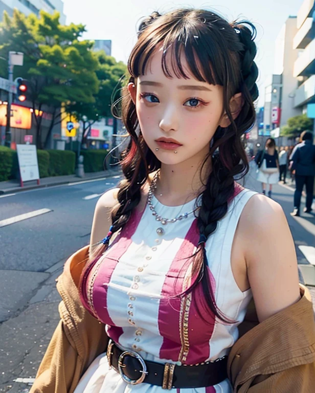 Portraiture, Bokeh , next, Braid, Colorful Hair, Tokyo, 
a woman posing on the street corner, highest quality, High resolution, 8k, 1peopleの***, Day, bright, Outdoor, (street:0.8), (people々, crowd:1),nice,  beautiful detailed sky, (Dynamic pose:0.8), (Upper Body:1.2), Soft lighting, Wind, Shiny skin, View your viewers, 
Official Art, masterpiece, highest quality, unity 8k wallpaper, Super detailed, Very detailed, elegant, beautiful, beautiful, Romanticism, 1peopleの***, beauty