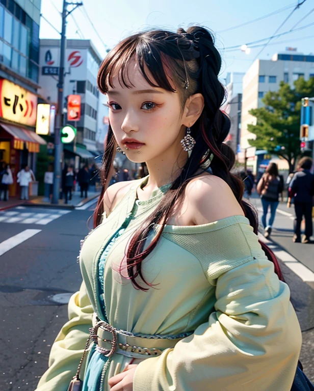 Portraiture, Bokeh , next, Braid, Colorful Hair, Tokyo, 
a woman posing on the street corner, highest quality, High resolution, 8k, 1peopleの***, Day, bright, Outdoor, (street:0.8), (people々, crowd:1),nice,  beautiful detailed sky, (Dynamic pose:0.8), (Upper Body:1.2), Soft lighting, Wind, Shiny skin, View your viewers, 
Official Art, masterpiece, highest quality, unity 8k wallpaper, Super detailed, Very detailed, elegant, beautiful, beautiful, Romanticism, 1peopleの***, beauty