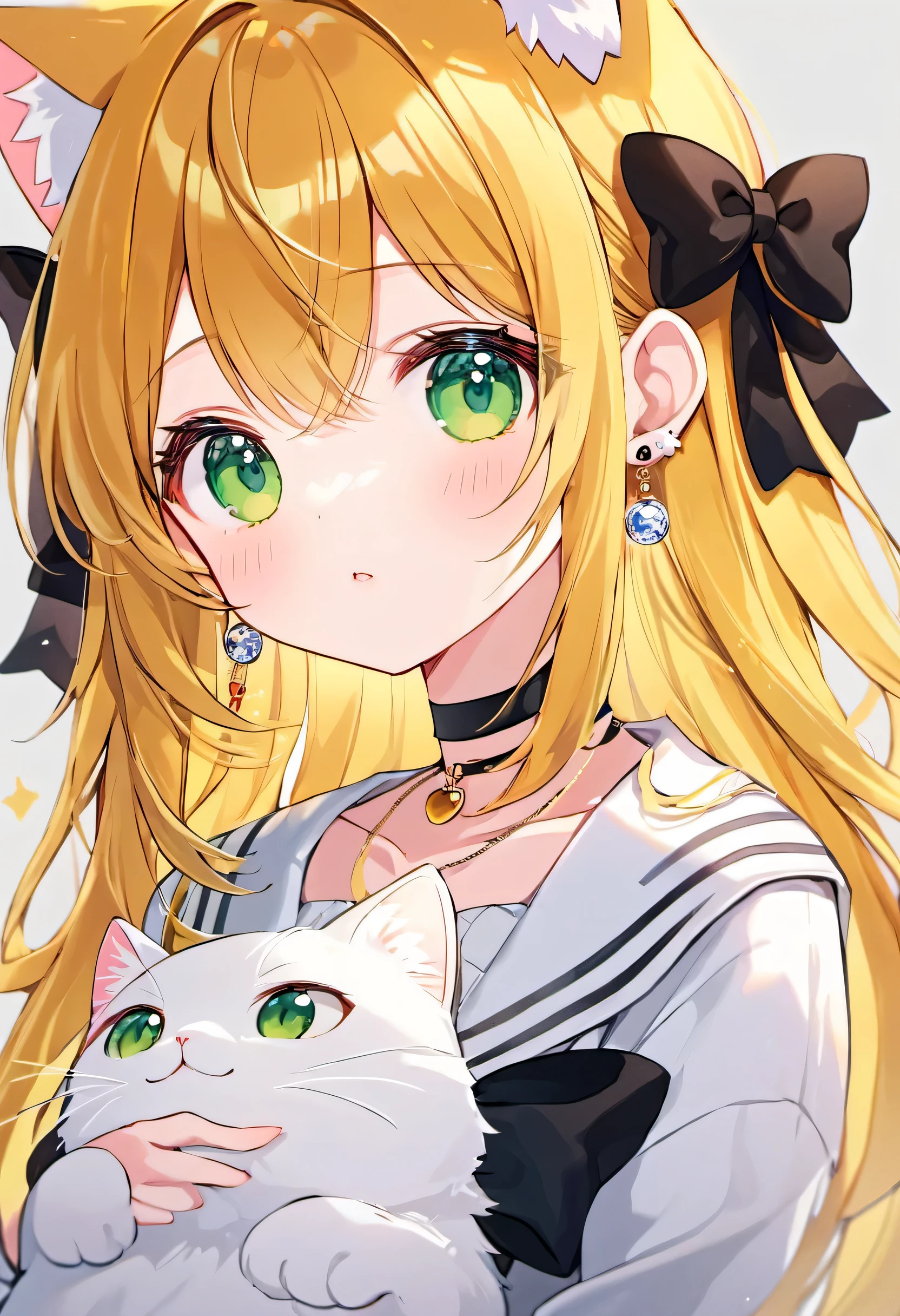 Cute, ultra-detailed, illustration, intricate, detailed, extremely detailed, detailed face, soft lighting, soft light, soft focus, perfect face, beautiful, accurate anatomy, overexposure, 8k, 4k, (highres:1.1), best quality, (masterpiece:1.3), 1girl, solo, jewelry, green eyes, looking at viewer, earrings, yellow hair, bangs, choker, closed mouth, portrait, watch, hair ornament, simple background, grey background, long hair, head rest, lips, hair bow, black choker, bow, eyelashes, cat ears, anime