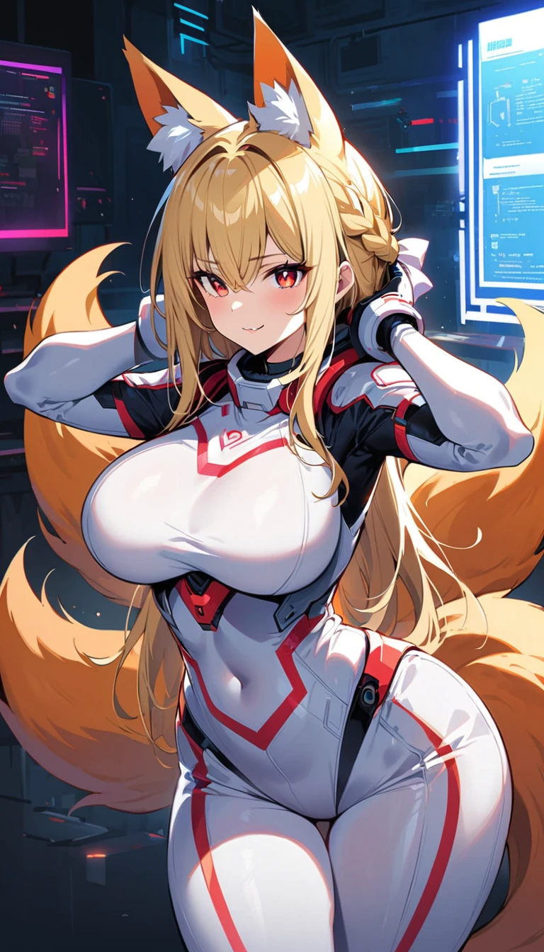 blonde hair, french braid, hair behind ear, hime cut, very long hair, heart-shaped pupils, animal ears, fox ears,"long orange fox ears with black tips", covering ears, kemonomimi mode, seductive smile,tail emanating(9 tails fox),huge , large hips,fully clothed, no nswf, white bodysuit,red eyes,pilot suit,short hair,blue hair,bangs,interface headset,turtleneck,hair between eyes,pixelated background,neon lights,sci-fi color scheme,vivid colors,metallic texture,detailed shading,holographic interface,dark atmosphere,high contrast,sharp focus,wisps of hair,reflective surface,exquisite details,high-res,studio lighting,red accents,illuminated surroundings,artificial intelligence assistant