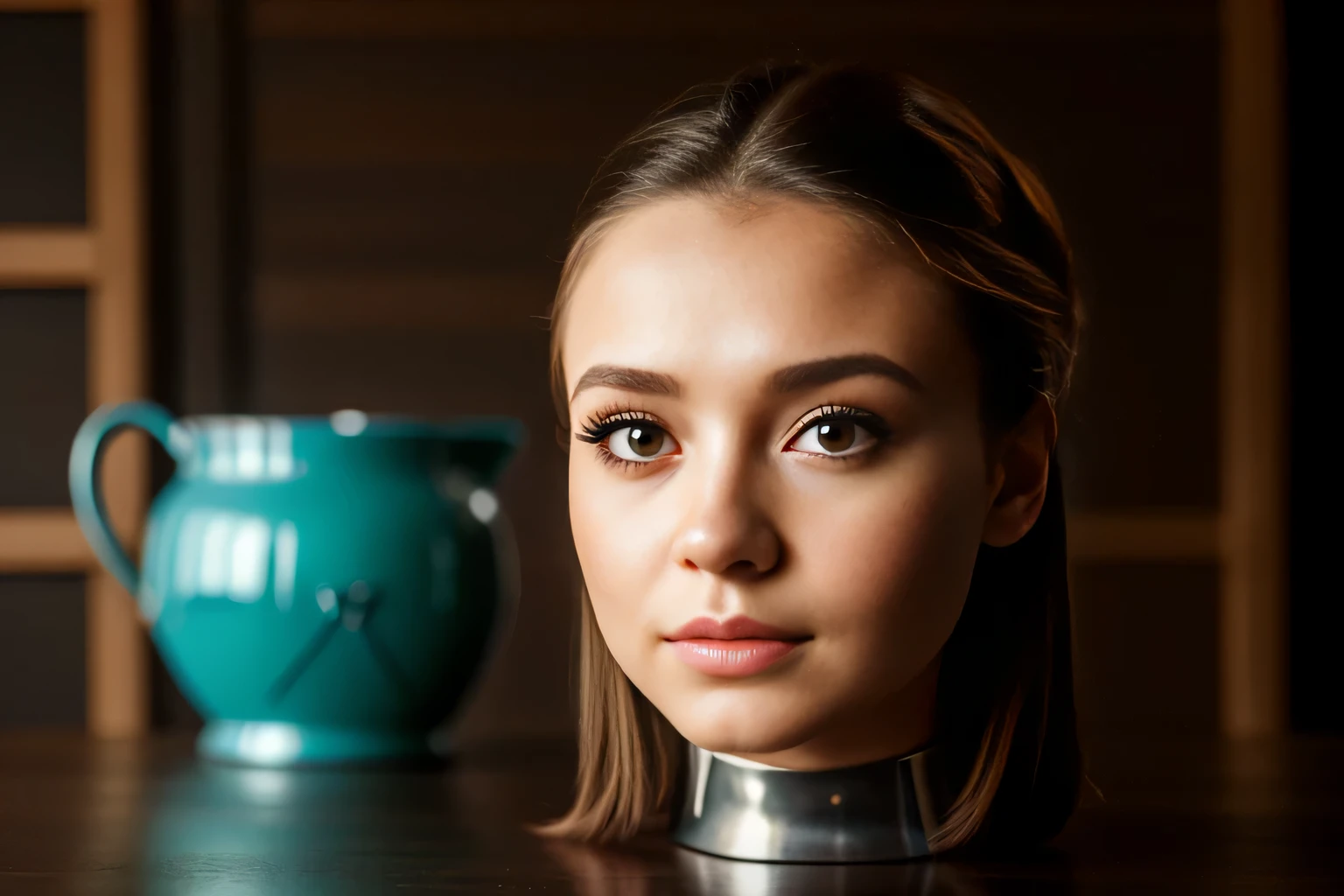 Cute young woman, sitting, (headless, severed head on table), (realistic), detailed skin texture, Une photographie d&#39; female face, ((Lora:pretty makeup, sexy)), realistic hands, extremely detailed, (best image, best quality:1.5)