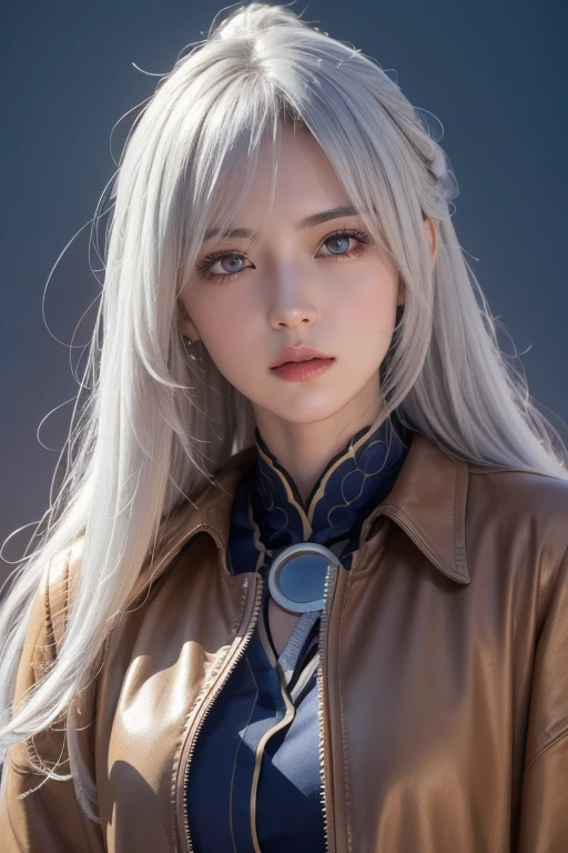 Anime Style、White skin、White Hair、Blue streaks on the ends of hair、look up、Blue streaks on the ends of hair、Blue streaks on the ends of hair、big、Eye-catching details、dark、feminine、High Frequency((( Sharpness ))) ))、( (Sharp Focus: 1.2) Face_v1: 0.7) hand、Best Design High Resolution Wallpaper、Original High Resolution、Bare legs、Showing chest、(Work - Masterpiece - Masterpiece: 1、2) 。 detailed: Close-up of dress on mannequin with jacket、Brown set、Brown jacket、Jacketed cropped shirt、長袖付きBrown jacket、classic atmosphere、Short skirt and long jacket、gray、layer、🍂cute、Short jacket、Brown tones、New brown print outfit、touch、detailedな、Earth Colors、Adult women、night、inside the apartment、Wearing makeup and lipstick、Red eyes、Red iris、Red eyes、Red iris、Stripper's face
