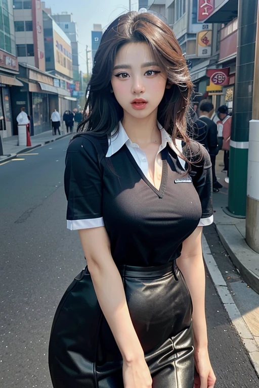 office uniform, Great lighting,  Cinema Lighting, Bustling Korean Town,
((SFW)), (highest quality, masterpiece:1.4), Absurd, Ultra-high-definition CG, 8k, High resolution, Beautiful Face, Detailed face, One girl, alone ,Braiding, Toned Up, Shiny skin, Tilt your head, still, bloom, Particles of light, Depth of written boundary,