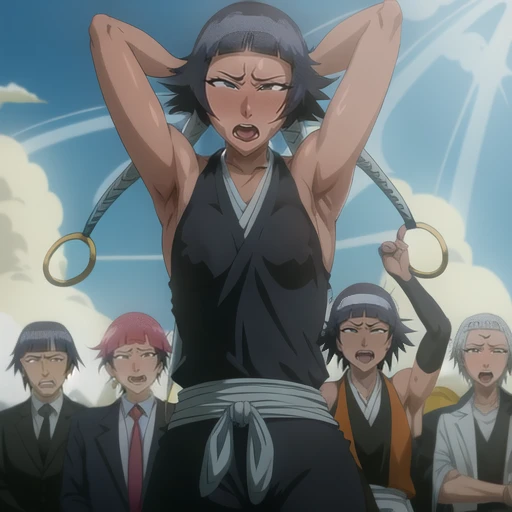( Animation screenshots:1.1),outdoor, Nipples exposed, 1 woman, alone, black hair, side breasts,eternal, short hair with long locks, japanese clothing, - Hip vents, no underwear,short hair, small breasts, (white eyes:1.1),No eyeballs, Also available in black, no headgear,low double braids,facing the audience, looking at the audience, tired, from below, (Exposed armpit:1.1), ((armpit:1.2)), Sexy, Sweat dripping, More and more sweat,(ahegao), (Roll your eyes), naughty face, blush, open mouth, Sticking out tongue, saliva, Slobber,Runny nose,skinny, raise arms, (arms above head:1.5)