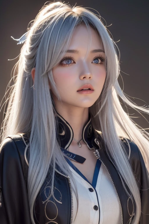 Anime Style、White skin、White Hair、Blue streaks on the ends of hair、look up、Blue streaks on the ends of hair、Blue streaks on the ends of hair、big、Eye-catching details、dark、feminine、High Frequency((( Sharpness ))) ))、( (Sharp Focus: 1.2) Face_v1: 0.7) hand、Best Design High Resolution Wallpaper、Original High Resolution、Bare legs、Showing chest、(Work - Masterpiece - Masterpiece: 1、2) 。 detailed: Close-up of dress on mannequin with jacket、Brown set、Brown jacket、Jacketed cropped shirt、長袖付きBrown jacket、classic atmosphere、Short skirt and long jacket、gray、layer、🍂cute、Short jacket、Brown tones、New brown print outfit、touch、detailedな、Earth Colors、Adult women、night、inside the apartment、Wearing makeup and lipstick、Red eyes、Red iris、Red eyes、Red iris、Stripper's face