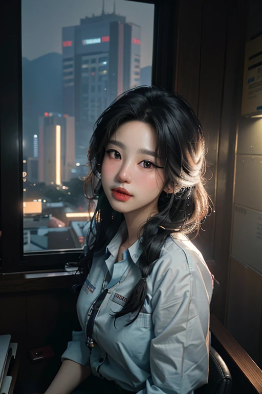 office uniform, Great lighting,  Cinema Lighting, (Bustling Korean Town),
((SFW)), (highest quality, masterpiece:1.4), Absurd, Ultra-high-definition CG, 8k, High resolution, Beautiful Face, Detailed face, One girl, alone ,Braiding, Toned Up, Shiny skin, Tilt your head, still, bloom, Particles of light, Depth of written boundary,