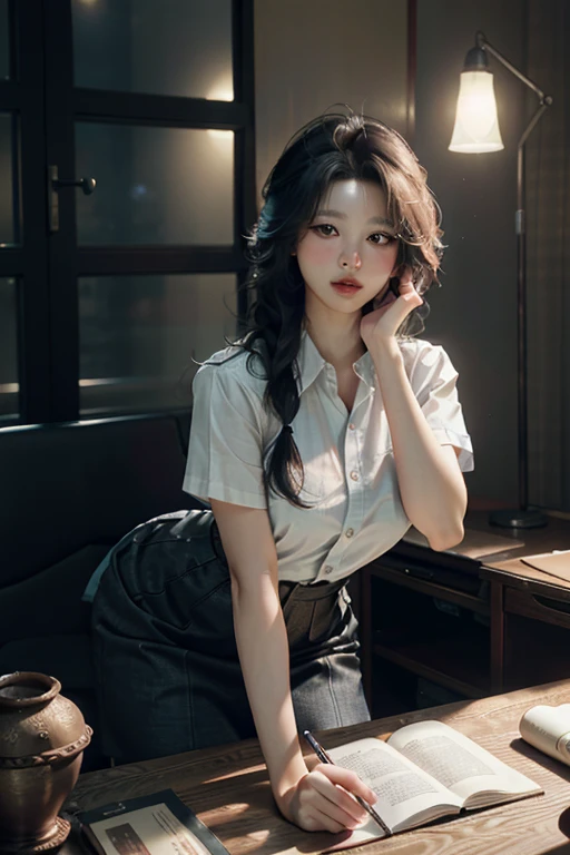 office uniform, Great lighting,  Cinema Lighting, (Bustling Korean Town),
((SFW)), (highest quality, masterpiece:1.4), Absurd, Ultra-high-definition CG, 8k, High resolution, Beautiful Face, Detailed face, One girl, alone ,Braiding, Toned Up, Shiny skin, Tilt your head, still, bloom, Particles of light, Depth of written boundary,