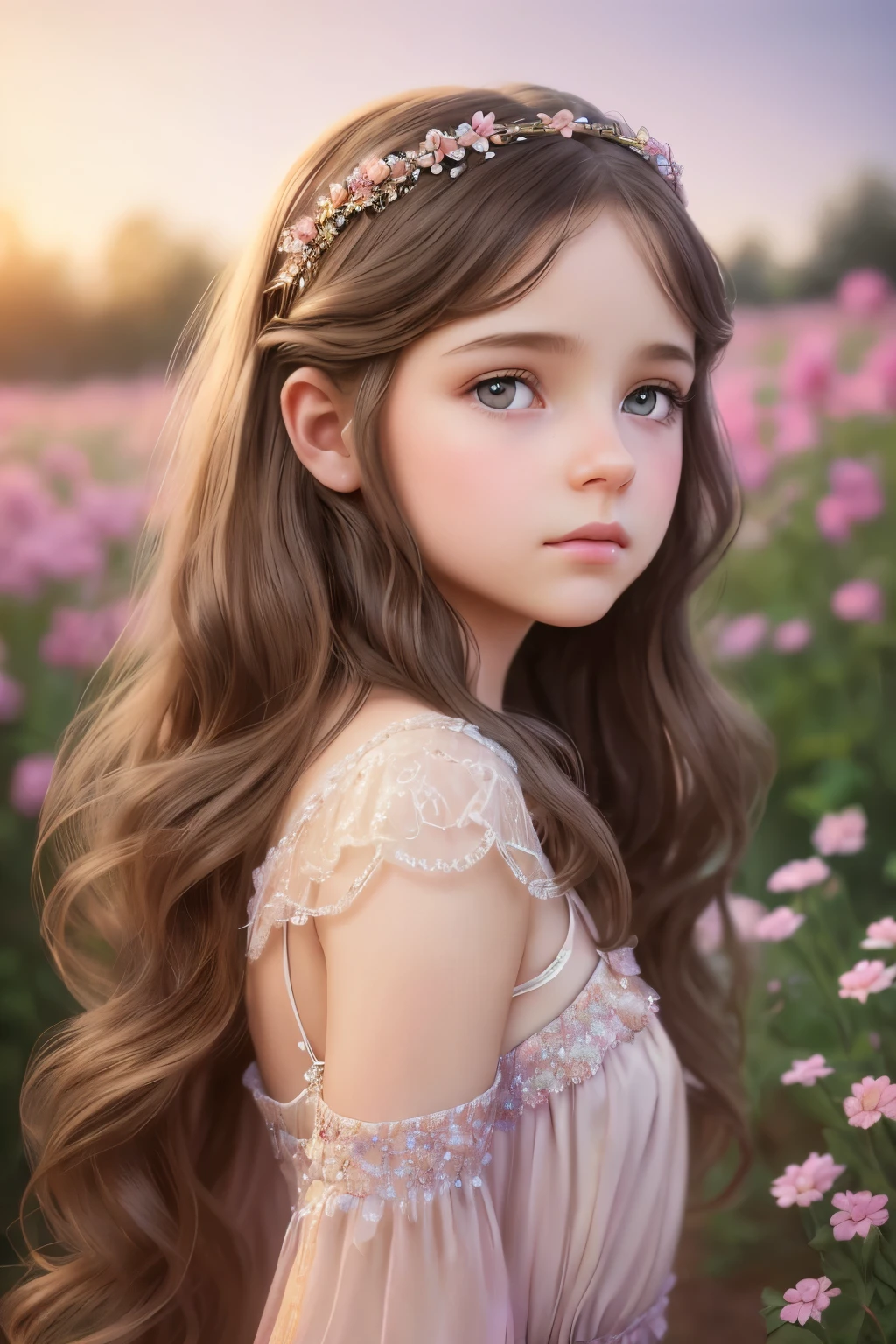 (Cinematic Photo:1.3) of (Realistic:1.3),(Cosy:1.3) beautiful  girl, (intricate cute brown hair), highly detailed skin textures, lifelike skin texture, looking directly at camera, (looking at viewer), pouting lips, Pastel, glitter, dramatic, dreamy, pastel flower garden, elegant, Whimsical, Delicate, Highly detailed, Intricate, UHD digital photo, Fantasy theme, Fantasy concept art, glamour girl, beautiful young girl, perfect body, highly detailed full body shot, dreamy, pastel, Watercolor, Whimsical, Delicate, detailed hair ribbon, Highly detailed texture, life like texture, digital painting, Highly Detailed photograph,(Art Deco:1.3),(Photorealism:1.3),Fujifilm Superia:1.3),naturalism, golden hour light