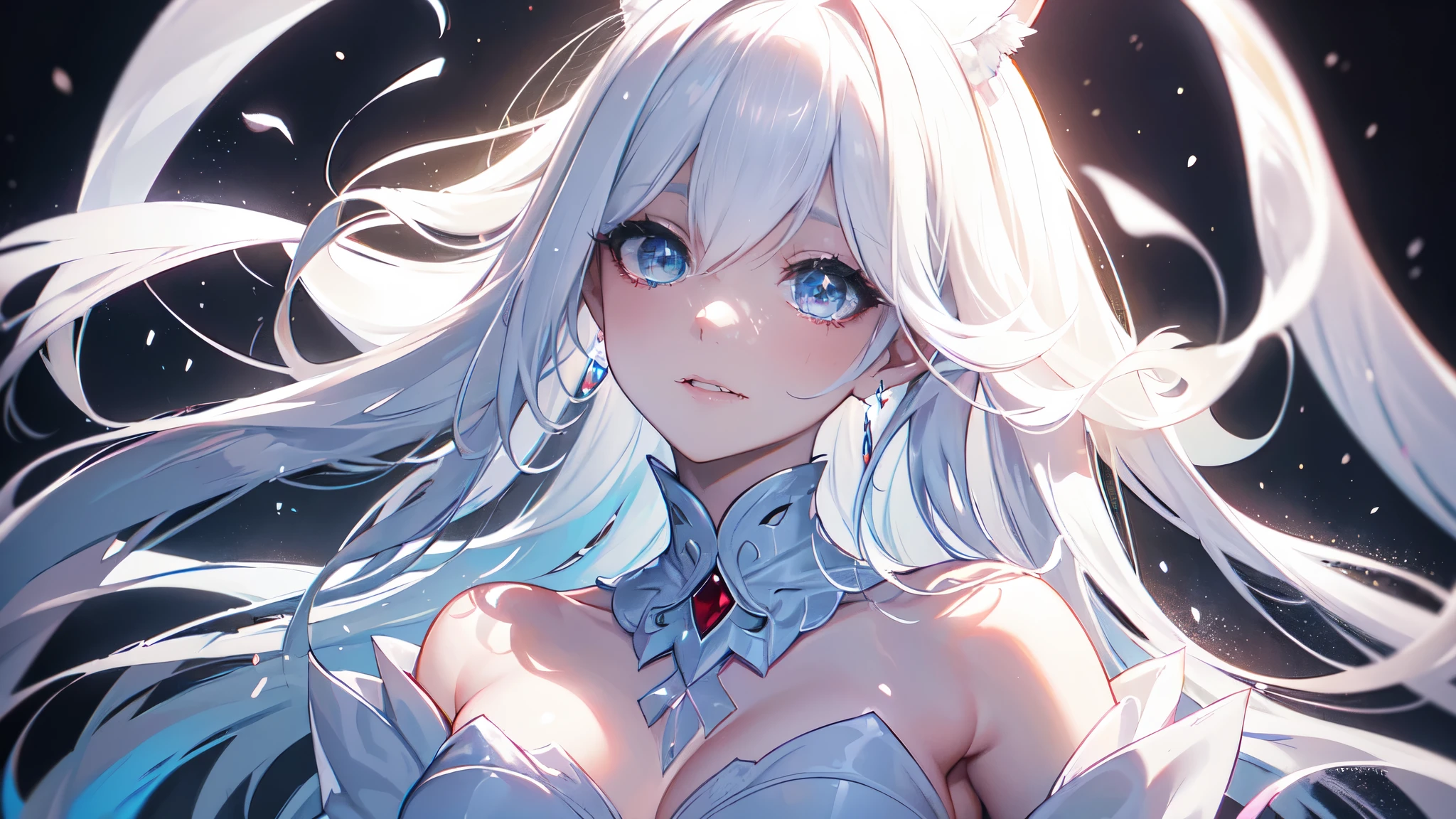 (epic), (elegant), ((detailed)), ((best quality)), ((masterpiece, sidelighting, finely detailed beautiful eyes: 1.2)), extremely_detailed_wallpaper, highres, (masterpiece, best quality, ultra-detailed, best shadow), (detailed background,dark fantasy), (beautiful detailed face), high contrast, (best illumination, an extremely delicate and beautiful), ((cinematic light)), hyper detail, dramatic light, intricate details, (1 girl, solo,white hair, sharp face, (blue and red eyes), hair between eyes, dynamic angle), swirling black light around the character, depth of field,black light particles,(broken ice),magic circle,cat girl,short hair, xenoblade, (((heterochromia))),cat ears, freckles, dynamic pose