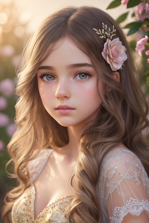 (Cinematic Photo:1.3) of (Realistic:1.3),(Cosy:1.3) beautiful young girl, (intricate cute brown hair), highly detailed skin textures, lifelike skin texture, looking directly at camera, (looking at viewer), pouting lips, Pastel, glitter, dramatic, dreamy, pastel flower garden, elegant, Whimsical, Delicate, Highly detailed, Intricate, UHD digital photo, Fantasy theme, Fantasy concept art, glamour girl, beautiful young girl, perfect body, highly detailed full body shot, dreamy, pastel, Watercolor, Whimsical, Delicate, detailed hair ribbon, Highly detailed texture, life like texture, digital painting, Highly Detailed photograph,(Art Deco:1.3),(Photorealism:1.3),Fujifilm Superia:1.3),naturalism, golden hour light