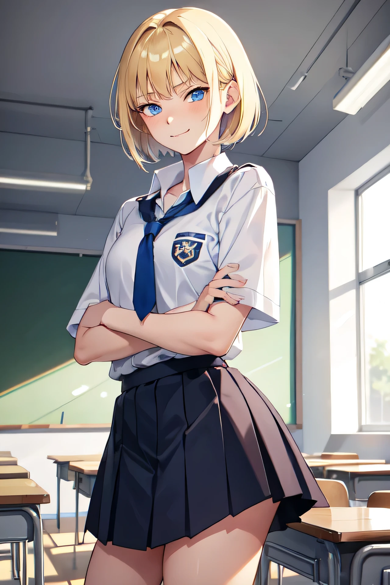 1girl,18y.o,blue eyes,blonde hair,mullet haircut,short hair,school outfit,medium size,classroom background,an annoyed smile