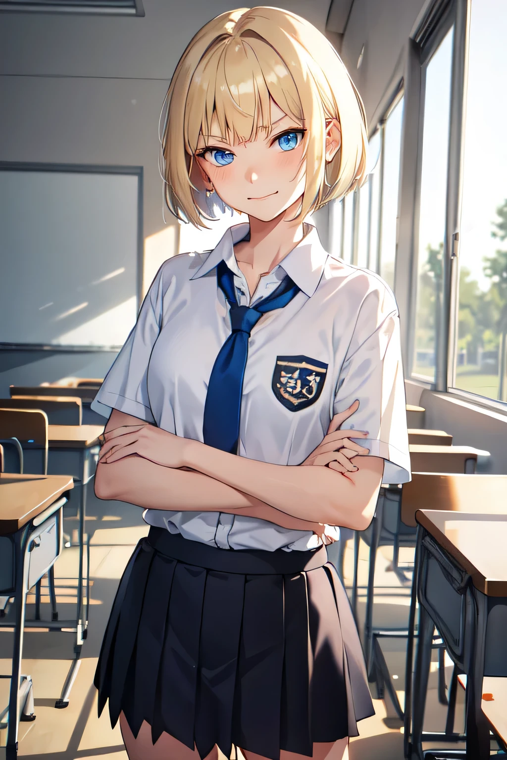 1girl,18y.o,blue eyes,blonde hair,mullet haircut,short hair,school outfit,medium  size,classroom background,an annoyed smile