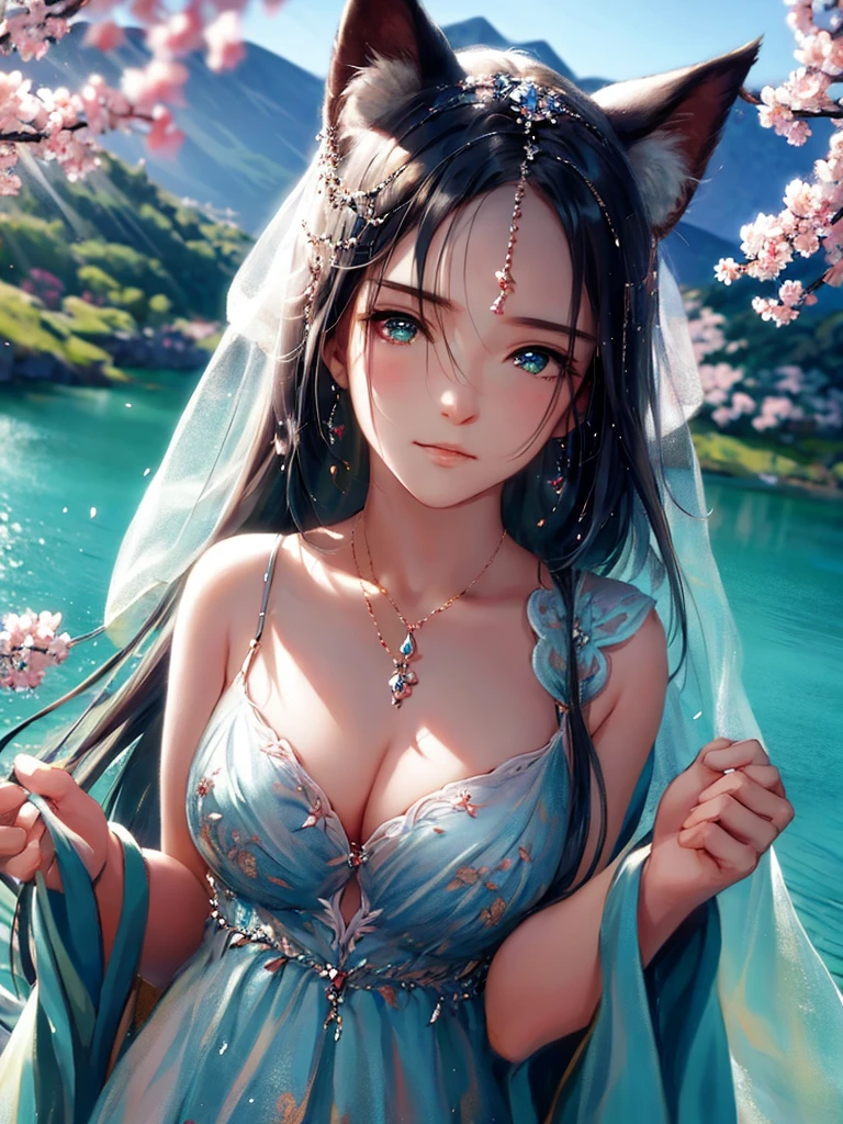 (best quality,highres,ultra-detailed,Pixiv:1.37),1 girl, full body, ( girl:1.2), beautiful detailed eyes, beautiful detailed lips, girl wearing large silk dress, beauty complex pattern on dress, (wet, wet body, wet hair, wet skin, very wet silk dress, reflection on the wet silk dress, delicate blossom embroidery, subtle water droplets:1.15), (water spray:1.1), (silk dress, best dress wrinkle, Transparent mucus wrapping), Voluminous hair, soft lighting, (portraits), vivid colors, calm expression, look at viewer, peaceful scenery, clean and fresh feeling,Beautiful and detailed water
